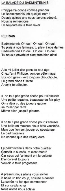 La balade du badmintennis chanson
